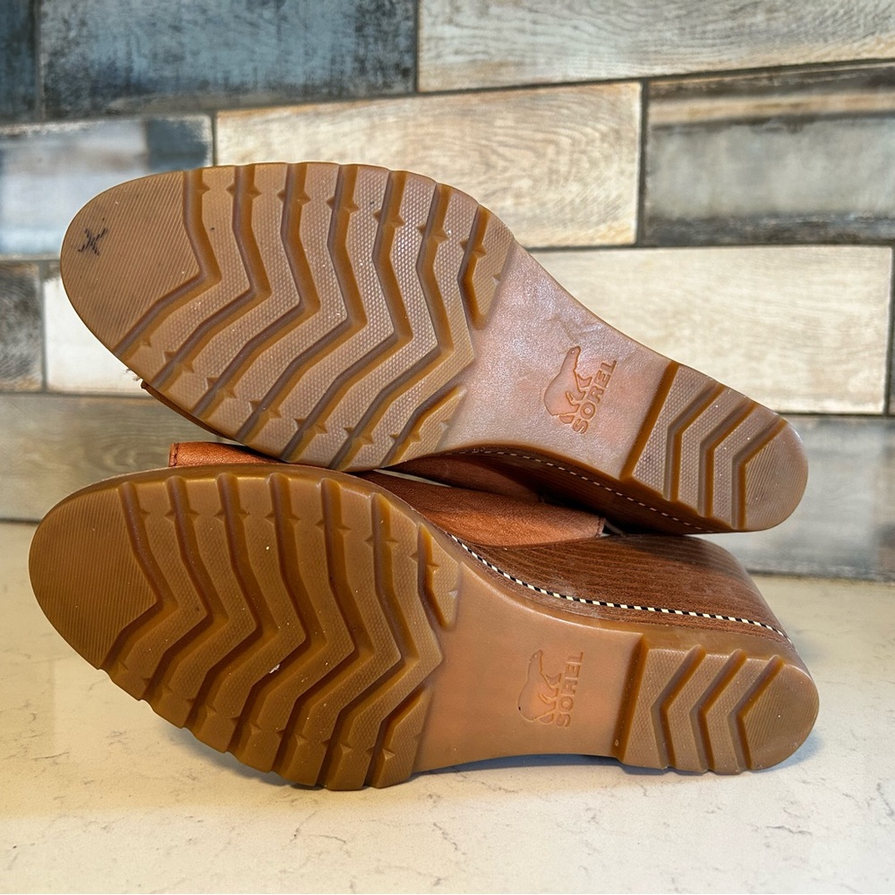 Sorel Nadia Camel Brown Leather Slingbacks Wedge Heeled Sandals - Picture 16 of 16